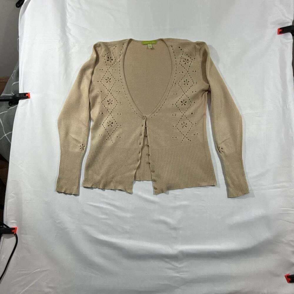 Sigrid Olsen Beaded Flower Pointelle Stitch V-Neck Tan Cardigan Sweater